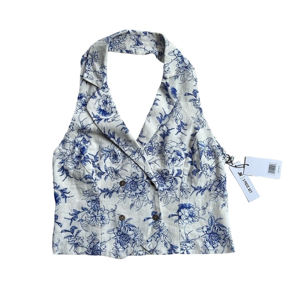 Jason Wu Linen Blend Blue White Floral Halter Sleeveless Vest Top NWT Size 10